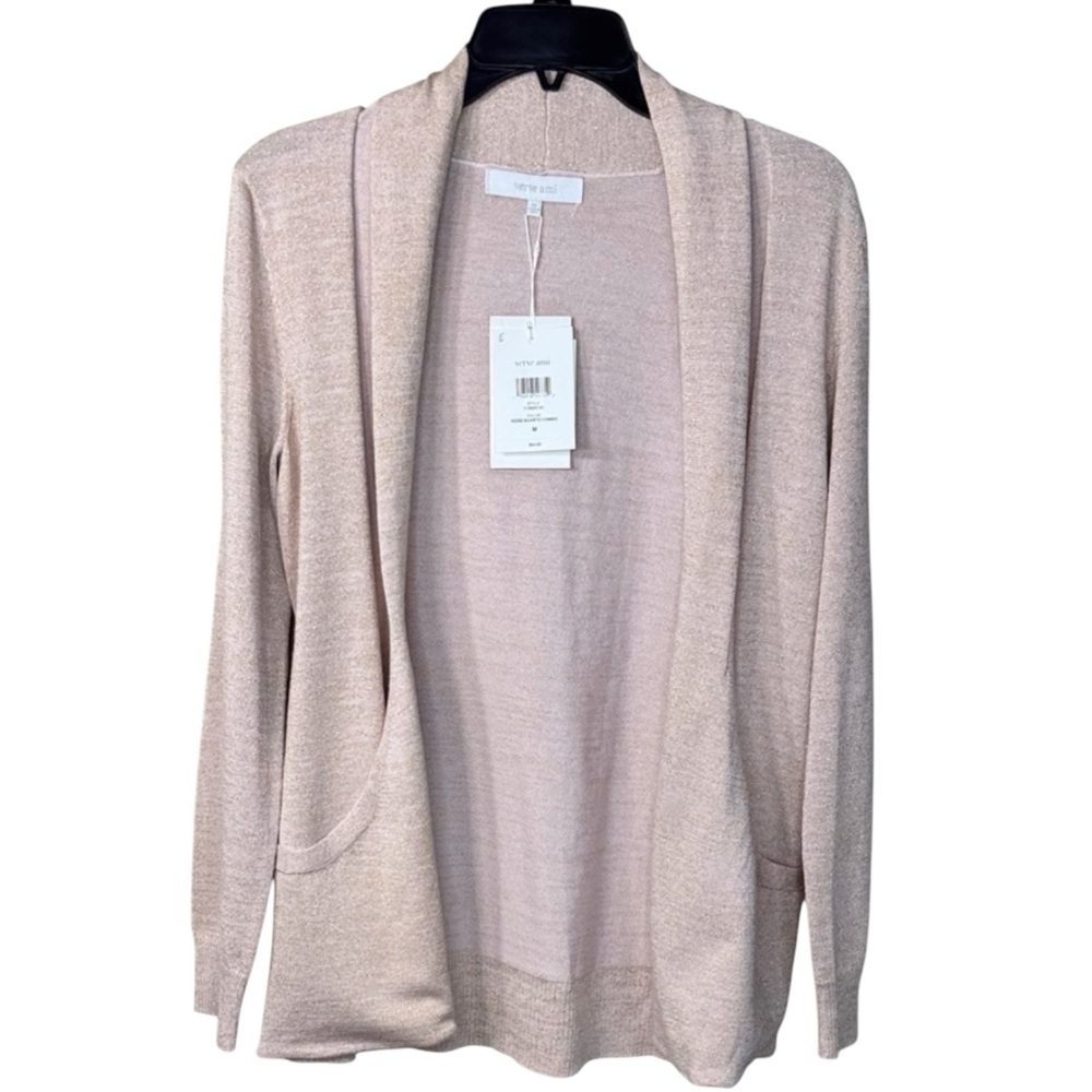 Verve Ami Sweater Pink/Gold Cardigan Open Front w/ Lapel Pocket Sz. M & L NWT - Picture 2 of 14